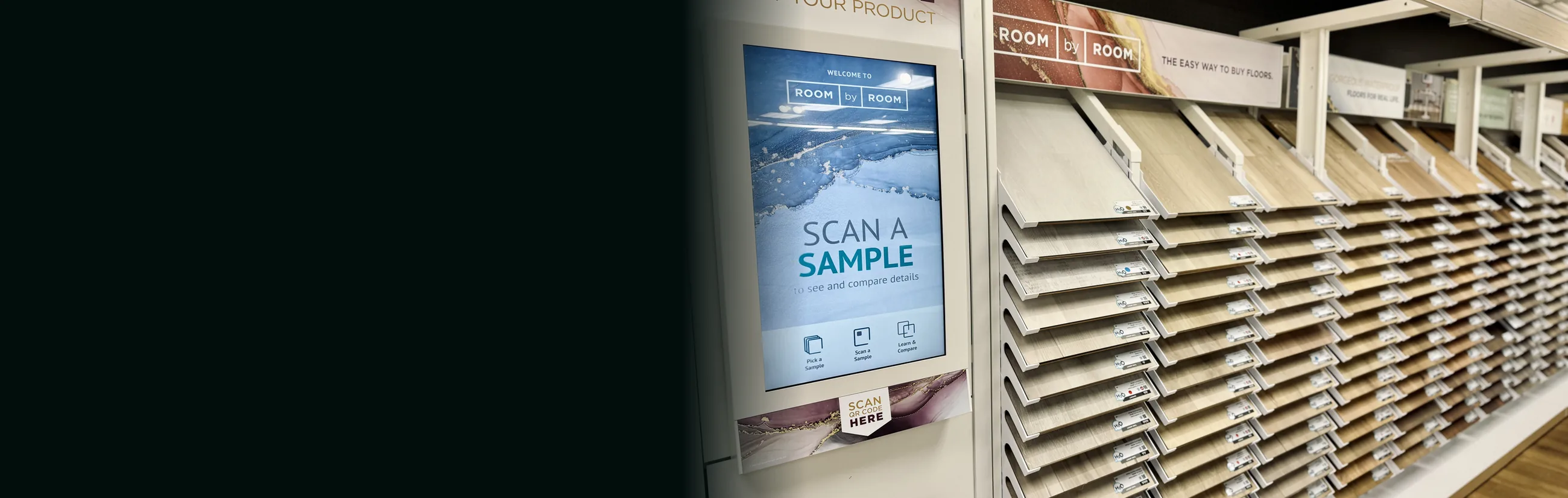Madison’s in-store sample-scanning kiosk beside rows of luxury vinyl plank displays